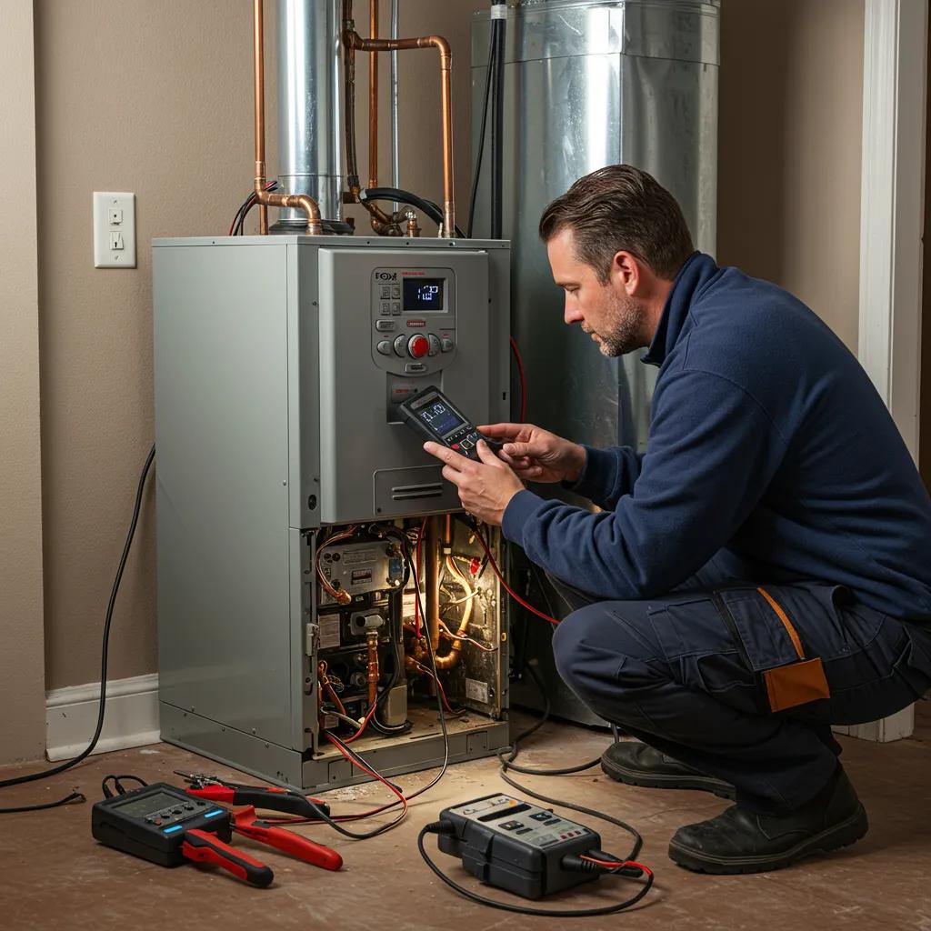 Technician inspecting a heating system, showcasing common signs of breakdown and the need for emergency repair