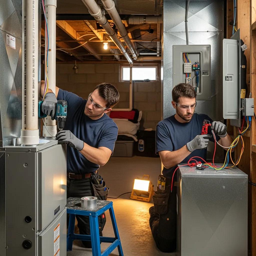 Technician connecting ductwork and electrical systems during a furnace installation with attention to safety