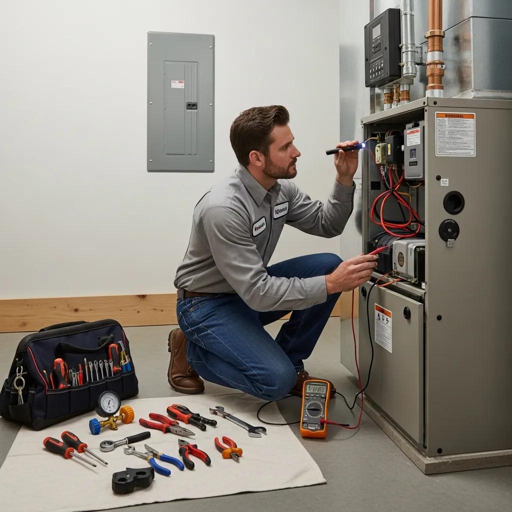 HVAC technician performing maintenance on a furnace, highlighting professional care